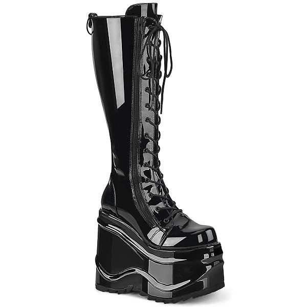 Demonia Women's Wave-200 Knee High Platform Boots - Black Patent D2935-86US Clearance